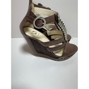 Velvet Angels Brown Wedge Sandals Sz 38 Office Career 4” Heel Silver Accents